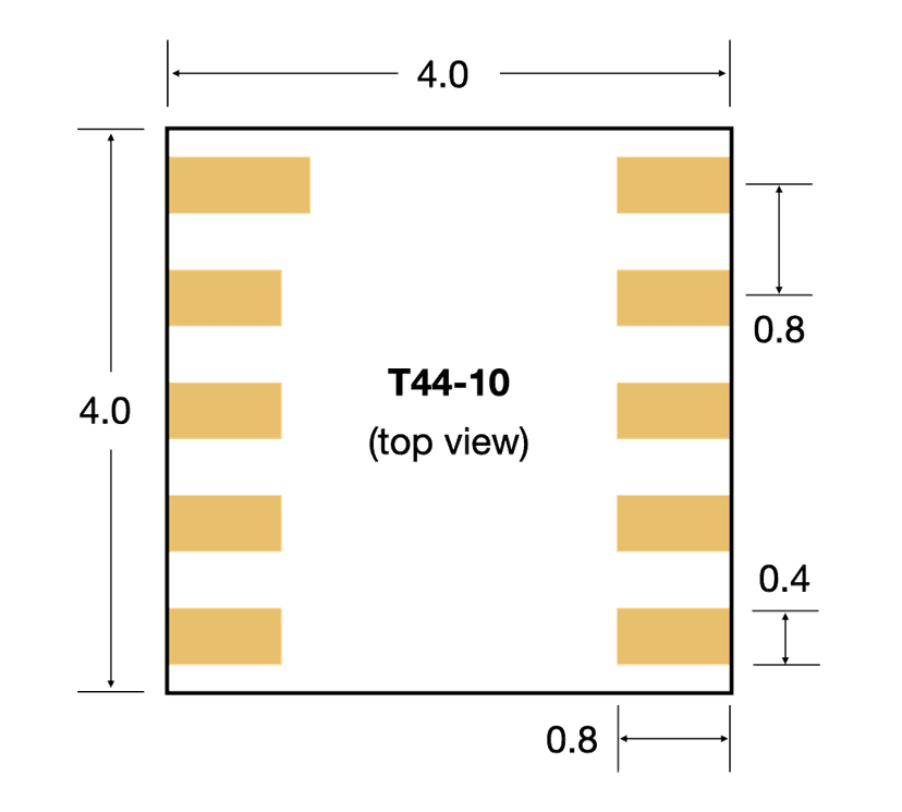 T44 package drawing — 4.0 × 4.0 mm body, 10 pads, 0.8 mm pitch