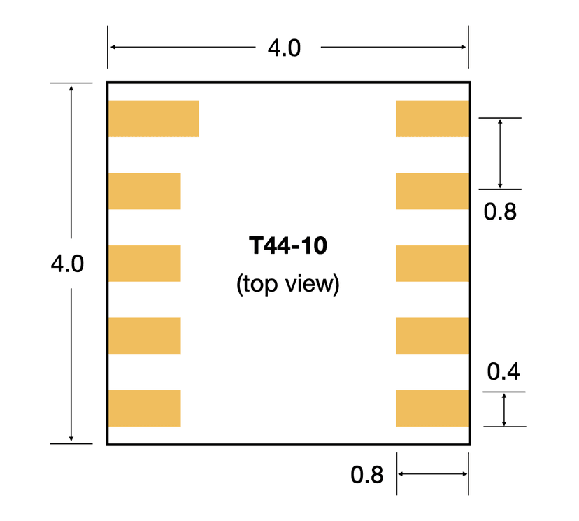 T44 package drawing — 4.0 × 4.0 mm, 10 pads, 0.8 mm pitch